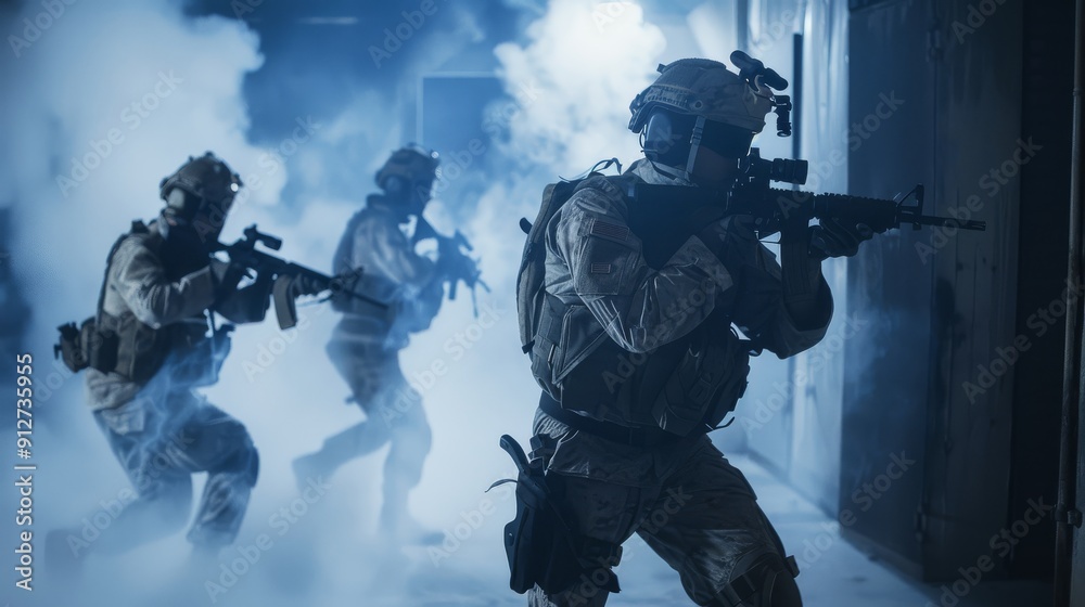 Armed soldiers moving cautiously through a smoke-filled urban environment, reflecting determination and focus. Armed soldiers moving cautiously through a smoke-filled urban environment, reflecting determination and focus.