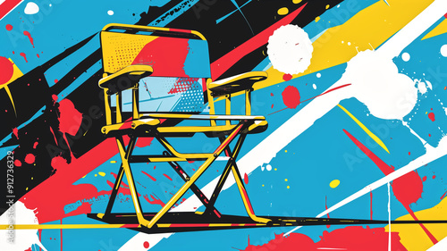 Vibrant Abstract Art Featuring a Director's Chair with Bold Colors and Dynamic Paint Splashes