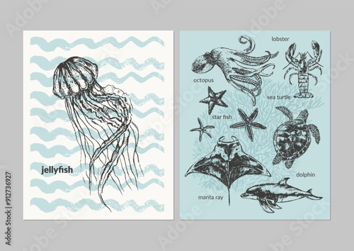 Vector sea animals poster set. Black ink sketch of jellyfish, sea turtle, octopus, dolphin, starfish, manta ray, coral