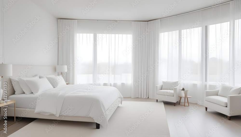 A minimalist white bedroom with a large bed, white bedding, and white curtains. The room has a clean, serene, and calming atmosphere A minimalist white bedroom with a large bed, white bedding, and white curtains. The room has a clean, serene, and calming atmosphere