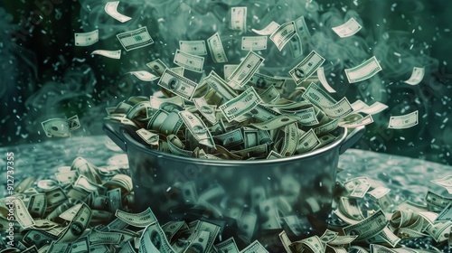 A pot overflows with flying dollar bills amidst a dramatic, smoky backdrop, symbolizing financial abundance and wealth.