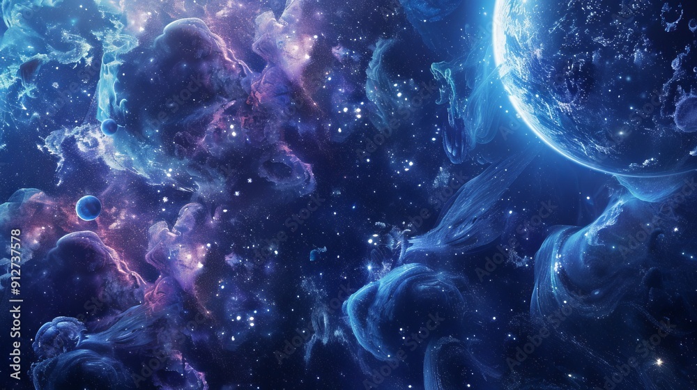 Whimsical stars and floating planets in deep cosmos scene. Whimsical stars and floating planets in deep cosmos scene.