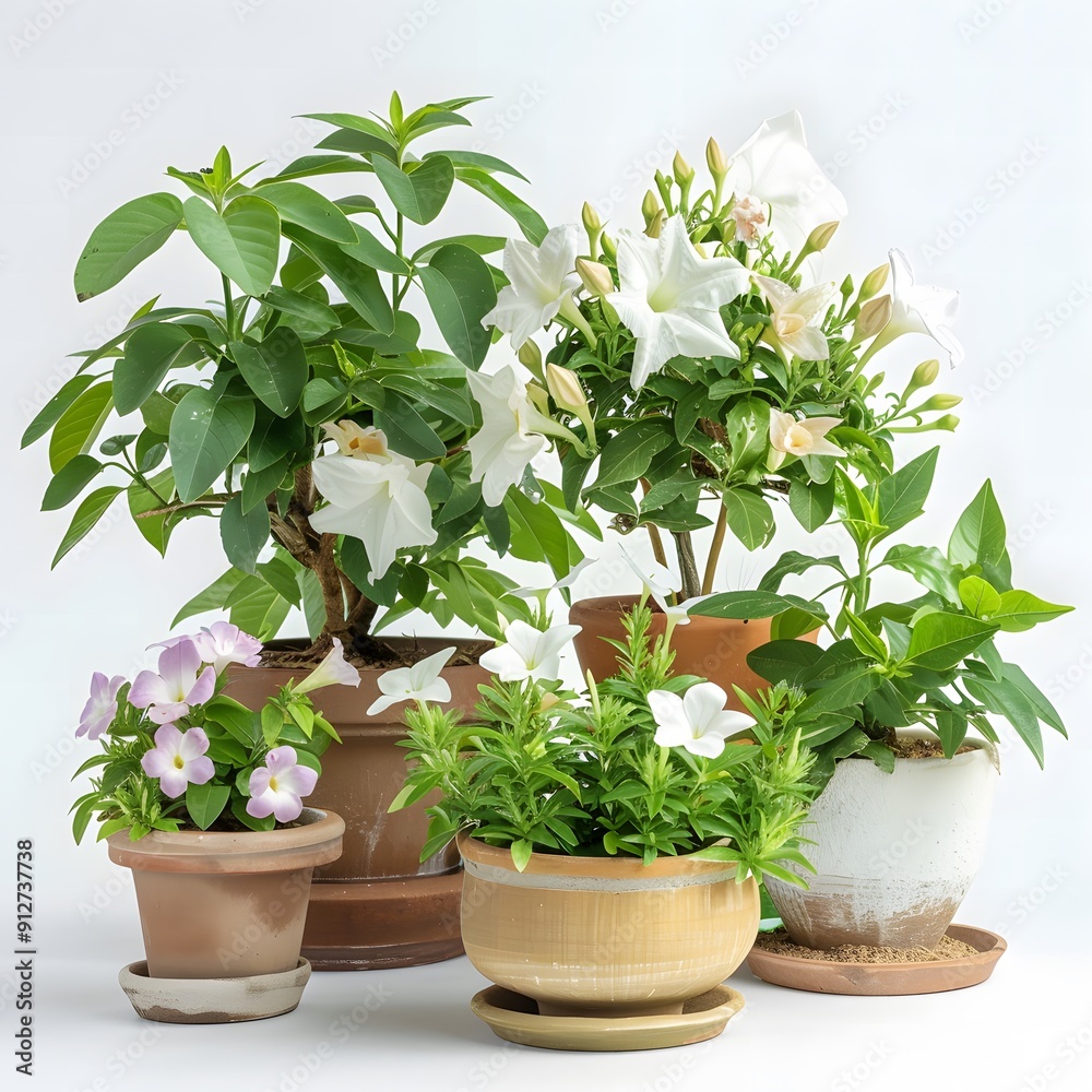 Obraz premium Jasmine flower plants in pots serve as home decoration, looking fresh and beautiful against a white background. The fragrant white flower petals add an elegant and clean impression.