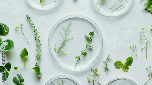 Botanical Research:  A serene and scientific composition featuring delicate green plant specimens carefully arranged in petri dishes on a pristine white background. The image evokes a sense of curiosi photo