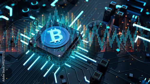 Bitcoin icon with blue light on microchip surrounded with icons of different world currencies on complex circuit board. International finance concept. 3D Illustration