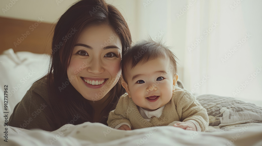 Joyful Japanese Woman and Adorable Baby Together on Bed Joyful Japanese Woman and Adorable Baby Together on Bed