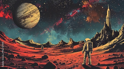 Retro astronaut exploring red alien planet with stars above.