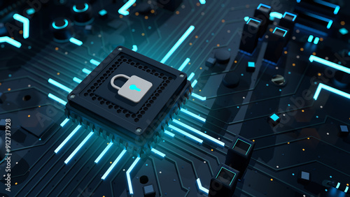 Padlock icon with blue light over microchip on complex circuit board. Digital security concept. 3D Illustration