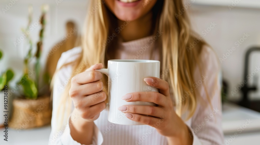 A smiling woman with long blonde hair wears a white sweater, holding a white mug, encapsulating comfort and warmth in a domestic setting. A smiling woman with long blonde hair wears a white sweater, holding a white mug, encapsulating comfort and warmth in a domestic setting.