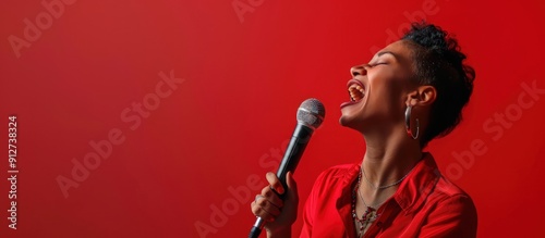 Portrait of a young beautiful mixed race girl on a bright background. Advertising banner of a woman singing in a microphone. Concept of relaxation and karaoke.