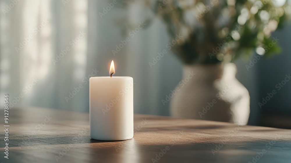 Single white candle burning on dark wooden table, casting a long shadow. Single white candle burning on dark wooden table, casting a long shadow.