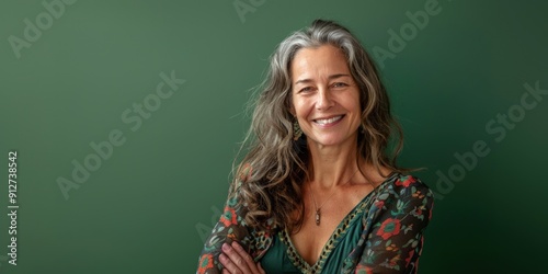 Vibrant portrait of an old woman, a well-groomed mixed race grandmother with a radiant, happy expression conveying genuine emotion. Advertising background.