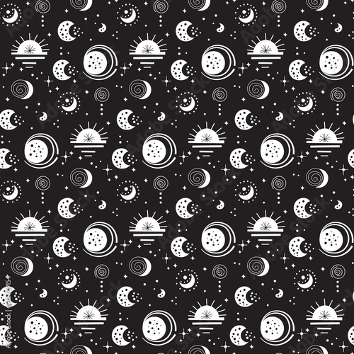 Seamless neo folk patterns with moon, cloud, sun and stars, black and white celestial design. Set Neo folk style endless backgrounds perfect for textile design.