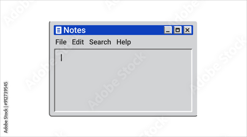 Old notes menu in blue color. Software for editing text. Retro system application on screen.