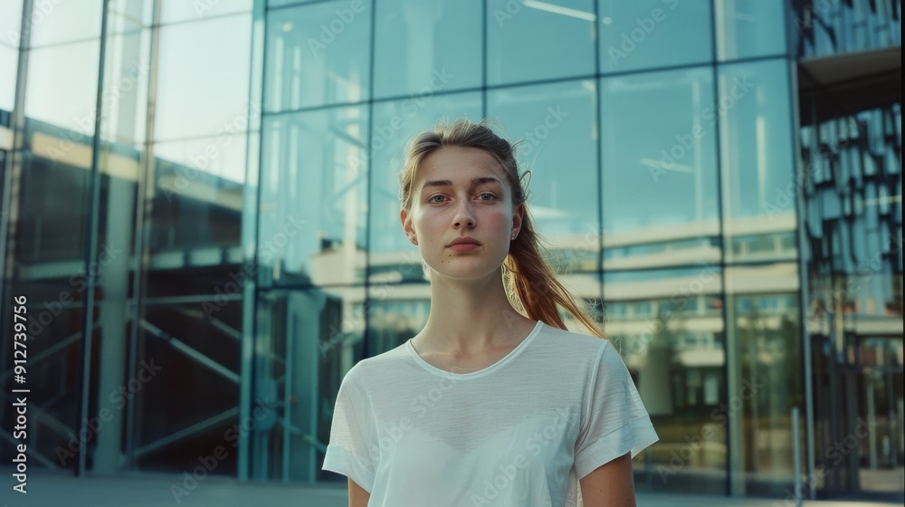 A young woman in a white T-shirt stands in front of a modern glass building, her hair gently blowing in the wind, exuding calm and confidence. A young woman in a white T-shirt stands in front of a modern glass building, her hair gently blowing in the wind, exuding calm and confidence.