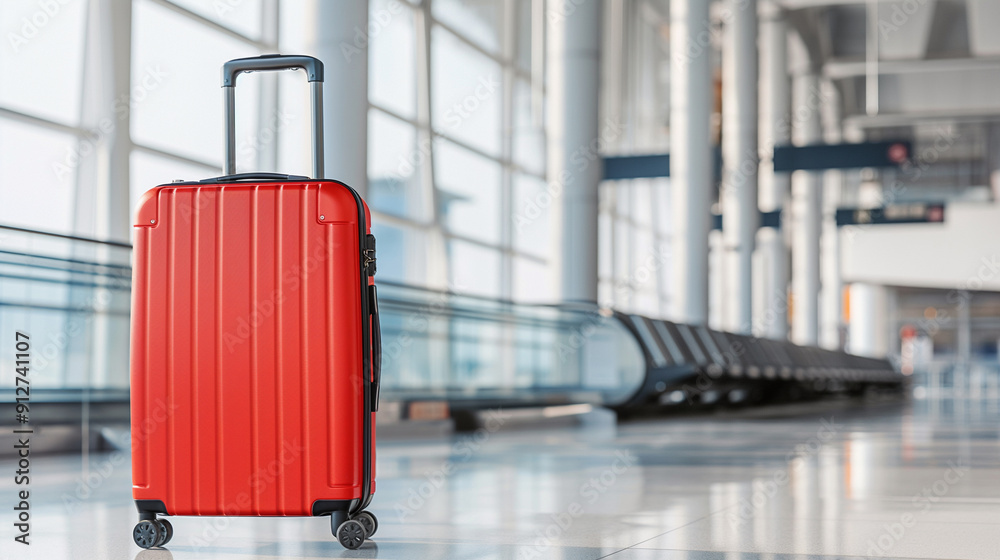 Red suitcase for travel in the airport terminal on background of modern architecture with copy space Red suitcase for travel in the airport terminal on background of modern architecture with copy space