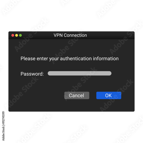 VPN connection window. Registration on vpn server. Modern sing up panel on screen.