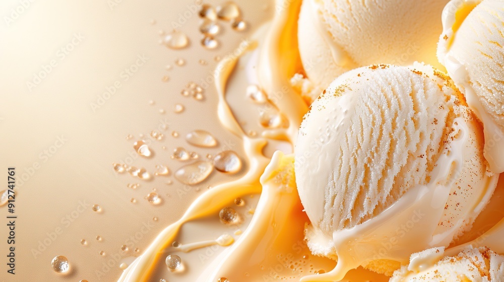 White plate with three scoops of ice cream and water droplets White plate with three scoops of ice cream and water droplets