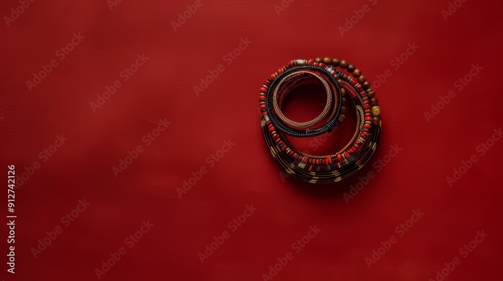 A vibrant and colorful stack of intricately designed beaded bracelets on a rich red background, portraying cultural elegance and craftsmanship. A vibrant and colorful stack of intricately designed beaded bracelets on a rich red background, portraying cultural elegance and craftsmanship.