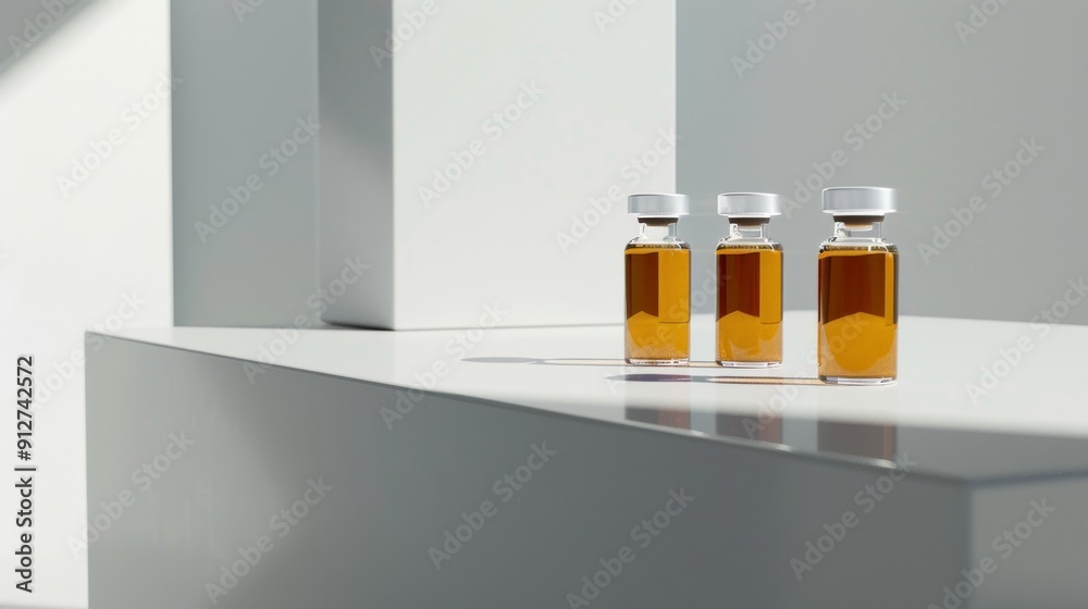 Three amber glass bottles stand arranged on a clean, white platform in a minimalist setting, bathed in soft, indirect sunlight. Three amber glass bottles stand arranged on a clean, white platform in a minimalist setting, bathed in soft, indirect sunlight.