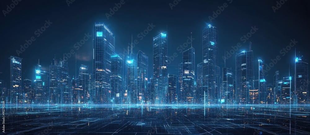 Futuristic digital cityscape at night featuring blue light wireframe technology highlighting an urban skyline against a dark background Futuristic digital cityscape at night featuring blue light wireframe technology highlighting an urban skyline against a dark background