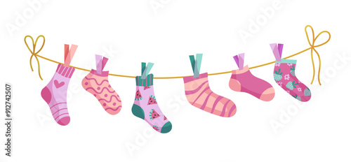 Clothesline socks. Socks on a rope, Baby socks with patterns vector cartoon.