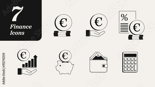 Finance Icons. Set of Money Icon Illustrations. Retro Style, Black and White. Euro € Money Coins