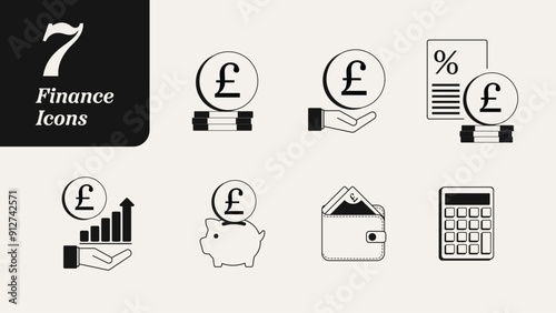 Finance Icons. Set of Money Icon Illustrations. Retro Style, Black and White. Pounds £ British Money Coins