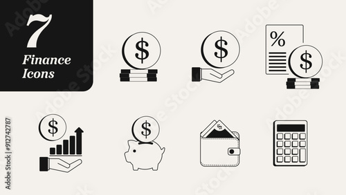 Finance Icons. Set of Money Icon Illustrations. Retro Style, Black and White. Dollars USA Canada $ Money Coins