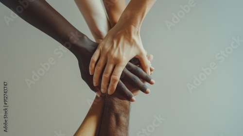 Diverse hands stacked together vertically, showcasing unity and mutual support among people of different skin tones against a neutral background.