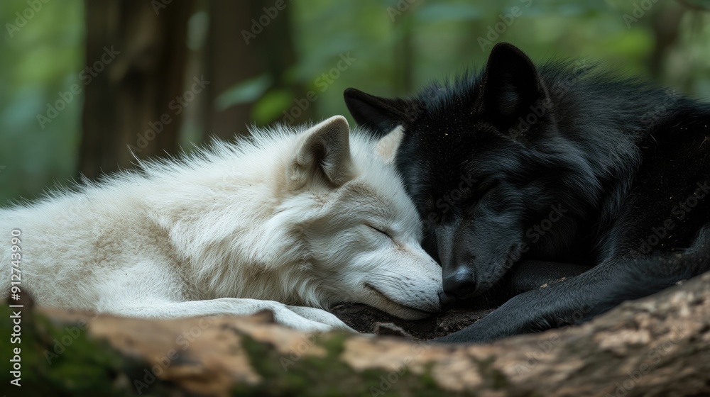 Fototapeta premium Black and White Wolves Napping Together in the Forest
