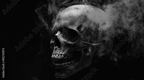 Skull Emerging from Smoke - A Haunting Monochrome Image - A human skull emerges from a swirling cloud of smoke, symbolizing death, mystery, the ephemeral nature of life, and the passage of time. photo