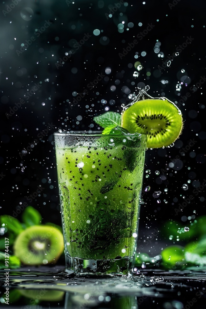 A glass of kiwi juice with fresh juicy kiwi fruit slices with water splash A glass of kiwi juice with fresh juicy kiwi fruit slices with water splash