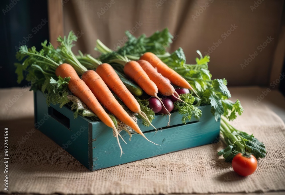 35mm film photography, wooden box filled with colorful vegetables like carrots, tomatoes, and cucumbers, placed on a rustic table with a burlap cloth underneath, ai 35mm film photography, wooden box filled with colorful vegetables like carrots, tomatoes, and cucumbers, placed on a rustic table with a burlap cloth underneath, ai