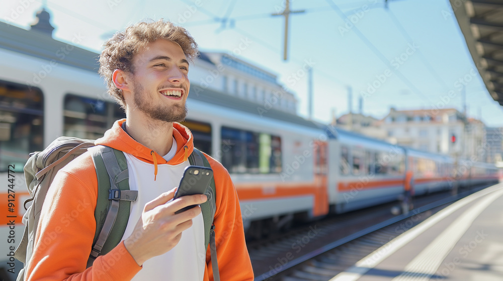 Obraz premium Smiling young man on cell phone walking on station platform along commuter train