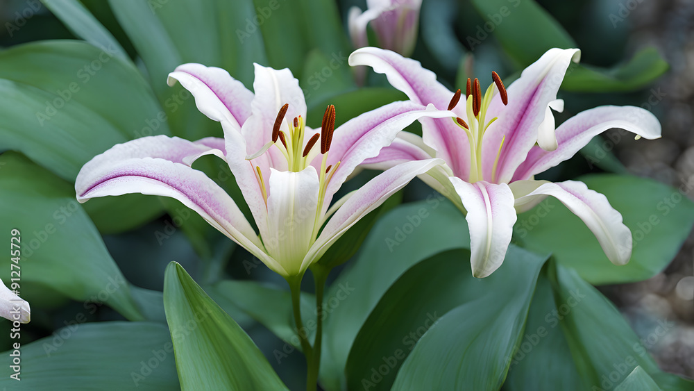 Two white and pink flowers are in a green bush Two white and pink flowers are in a green bush
