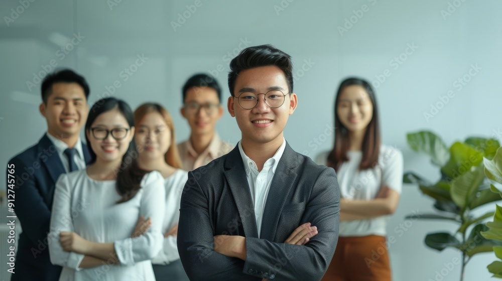 A confident professional in glasses stands at the forefront with his colleagues blurred in the background, embodying leadership and teamwork.