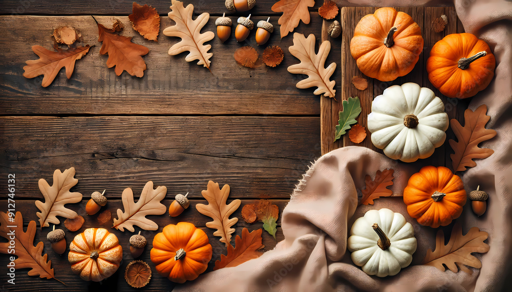 Rustic Harvest: Pumpkins and Leaves on a Weathered Wooden Table Rustic Harvest: Pumpkins and Leaves on a Weathered Wooden Table