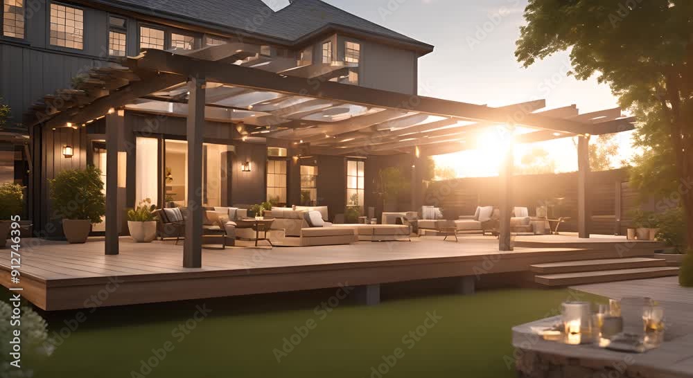 Back yard house exterior with spacious wooden deck with patio area and attached pergola 4k animation Back yard house exterior with spacious wooden deck with patio area and attached pergola 4k animation