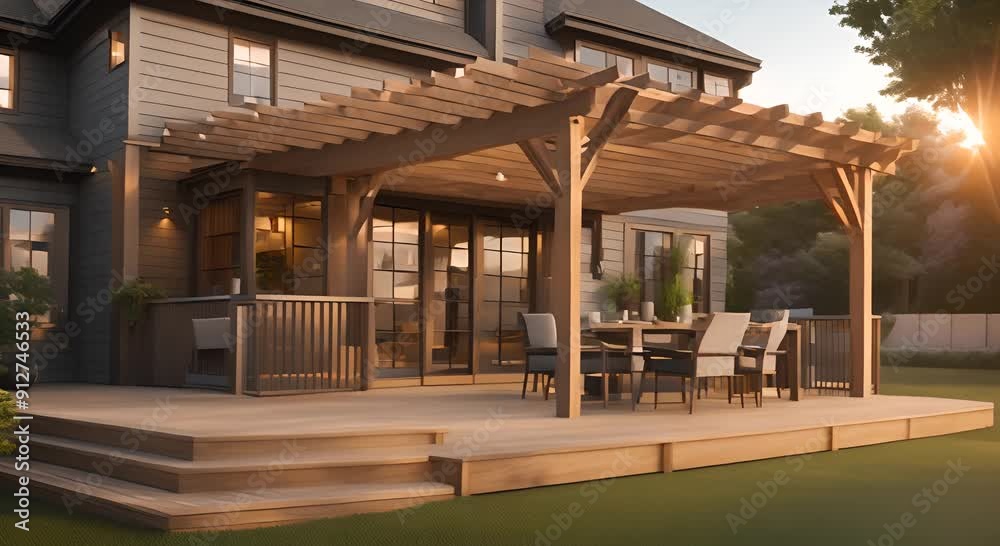 Back yard house exterior with spacious wooden deck with patio area and attached pergola 4k animation Back yard house exterior with spacious wooden deck with patio area and attached pergola 4k animation
