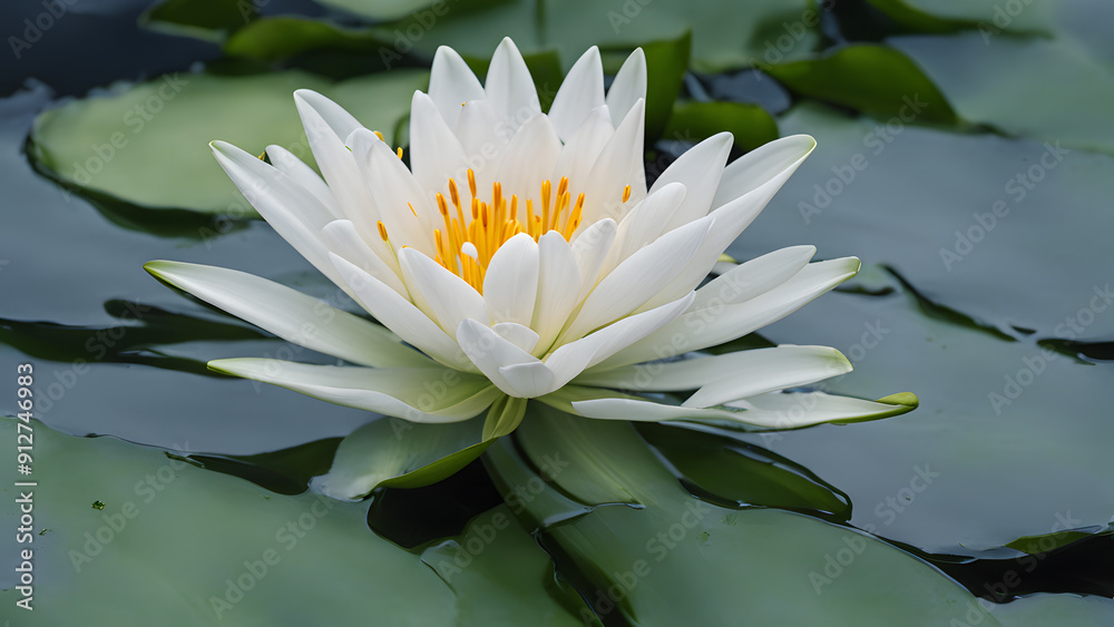 A white flower is floating on the surface of a pond A white flower is floating on the surface of a pond
