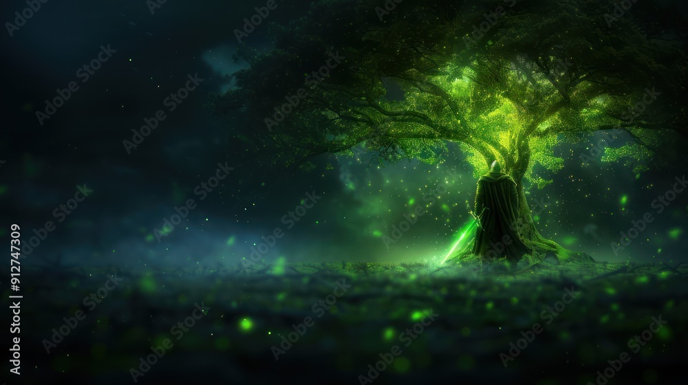 An ethereal warrior in armor, guarding the ancient forest tree with a glowing sword
