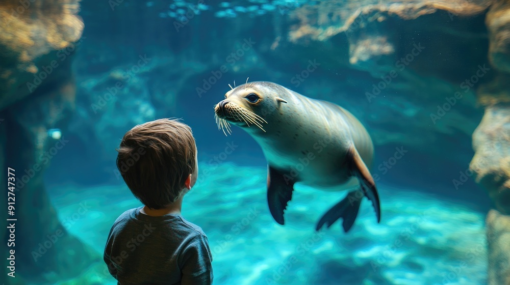 Fototapeta premium Young Boy Gazing at a Seal in an Aquarium