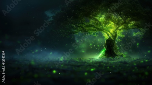 Obraz na płótnie An ethereal warrior in armor, guarding the ancient forest tree with a glowing sword w salonie