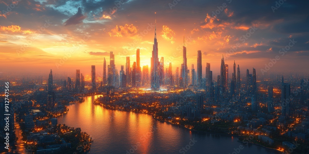 Naklejka premium Smart city, AI integration, futuristic infrastructure, holographic displays