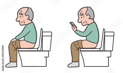トイレに座る高齢の男性とトイレでスマホを見る高齢男性のセット