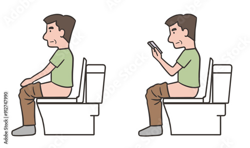 トイレに座る中年男性とトイレでスマホを見る中年男性のセット