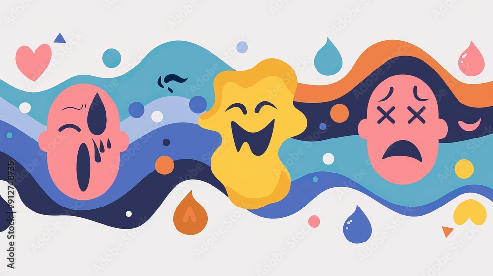 Whimsical abstract faces with colorful emotional wave Whimsical abstract faces with colorful emotional wave