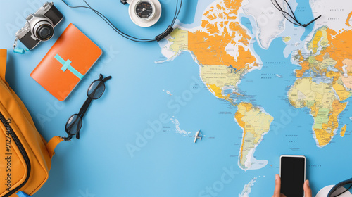 Tourism travel Information brochure. Traveler tour accessories maps, passport items man tourism backpack and visiting for planning business trips destination travel vacations world. Map background 