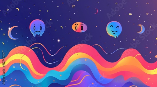 Emotional abstract faces with night sky elements wave